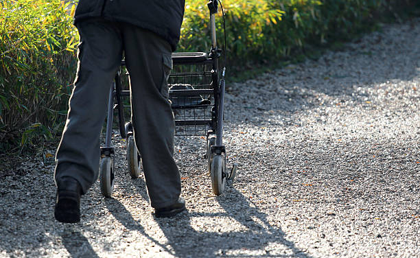 elderly with a Walker during the walk in the Park stock photo
