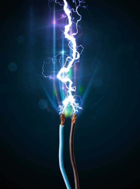 Electric cable with glowing electricity lightning stock photo