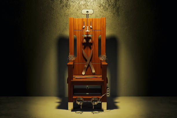 Electric chair in the dark room, 3D rendering Electric chair in the dark room, 3D rendering execution stock pictures, royalty-free photos & images