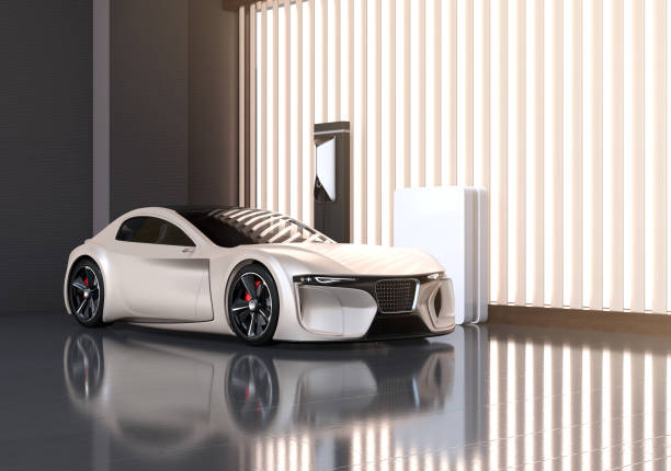 Electric sports car connect to power supply at home Electric sports car connect to power supply at home. Sustainable lifestyle concept. 3D rendering image. Original design. concept car stock pictures, royalty-free photos & images