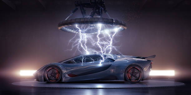 Electric Sports Car Struck By Electrical Lightning From Coil Side view of a generic blue-grey sports car with orange highlights parked on a turntable in an industrial building under a large  coil, from which multiple strikes of electrical lightning are emanating, striking the bodywork of the vehicle. The has lights behind it, and a thin haze. concept car stock pictures, royalty-free photos & images