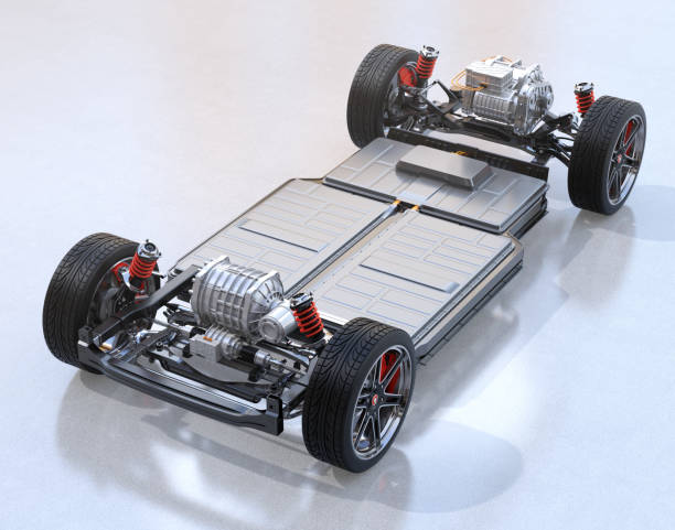 Electric Vehicle's chassis with dual motors and battery Electric Vehicle's chassis with dual motors and battery system on the ground. 3D rendering image. batteries stock pictures, royalty-free photos & images