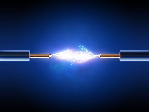 Electrical spark between  two insulated copper wires Electrical spark between  two insulated copper wires ( 3d render  ) high voltage sign stock pictures, royalty-free photos & images