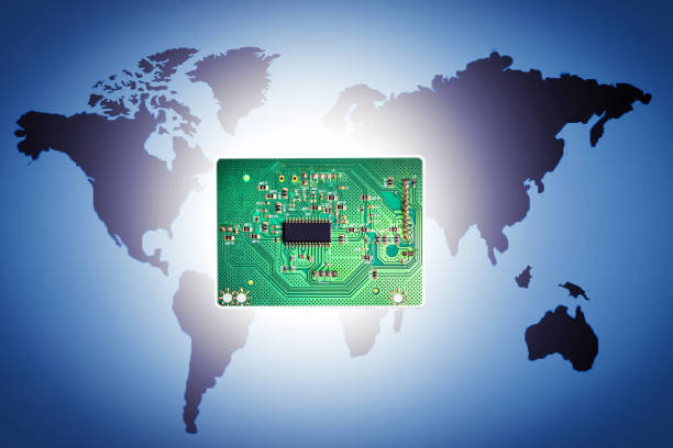 Electronic circuit board on  world map background. Concept of production of electronics microchip, motheboard, cpu. stock photo