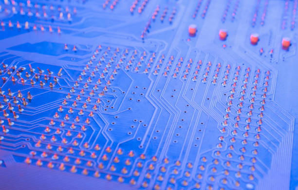 Electronic circuit, computer circuit board blue, computer technology. Circuit board futuristic technology processing. Abstract technology microelectronics concept background. Macro shot, shallow focus stock photo