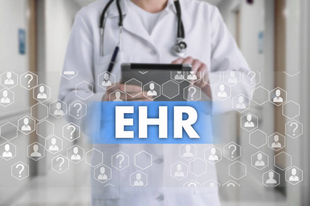 Electronic health record. EHR on the touch screen with medicine icons on the background blur Doctor in hospital.Innovation treatment, service, data analysis health. Medical Healthcare Concept Electronic health record, EHR stock photo