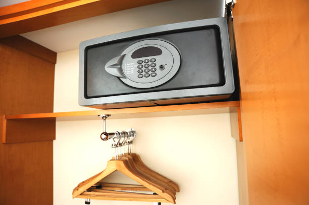 Electronic safe in hotel's wardrobe stock photo
