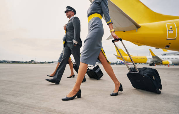 Elegant aviator and two stylish stewardesses with luggage moving ahead stock photo