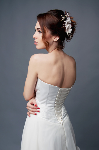 Elegant Bride With Short Hair Updo And Bare Shoulders Dress Stock