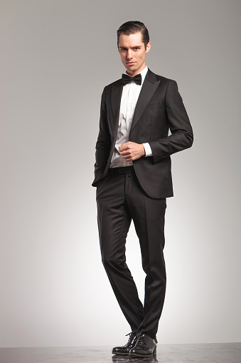 Elegant Business Man In Tuxedo Standing With Open Coat Stock Photo ...