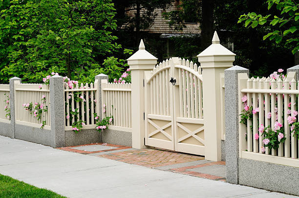 Elegant gate and fence on house entrance stock photo