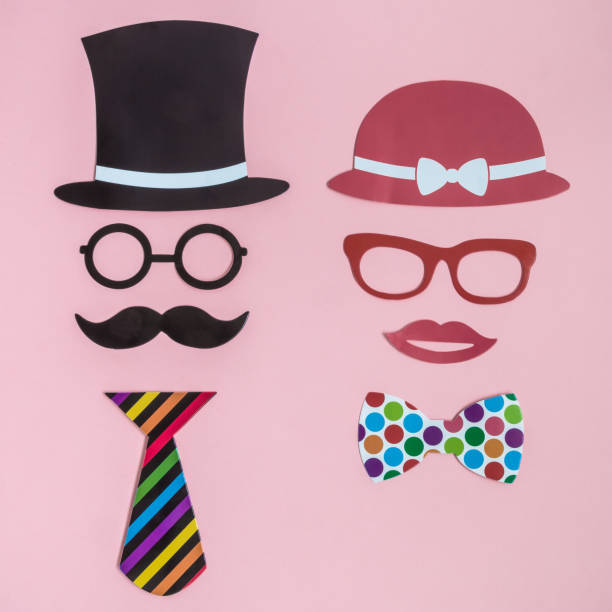elegant hipster man and woman made of paper props abstract - carnival accessories flat lay imagens e fotografias de stock