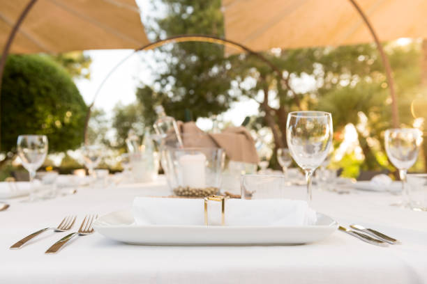 Elegant table for dinning at sunset stock photo
