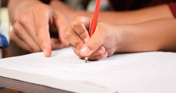 elementaire meisje huiswerk hand schrijven op werkboek - huiswerk stockfoto's en -beelden
