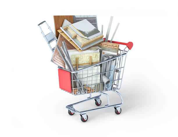 Elements of renovation stacked in a market trolley, 3d illustration Elements of renovation stacked in a market trolley, 3d illustration construction material stock pictures, royalty-free photos & images