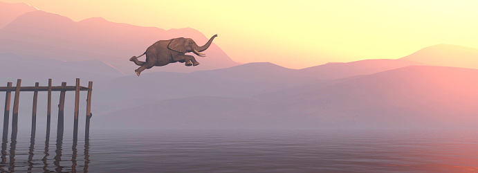 Elephant jumping in lake during sunset. This is a 3d render illustration .
