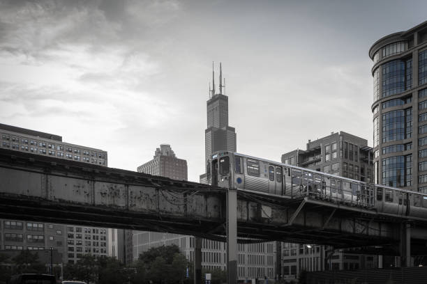 Elevated train passing the Willis Tower stock photo