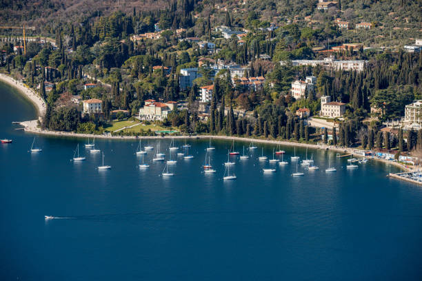 Elevated View of the Small Garda Town and the Lake Garda Veneto Italy stock photo