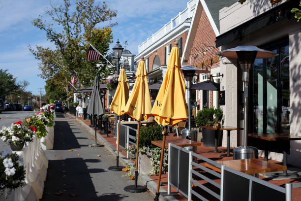 Elm Street view with restaurants in New Canaan downtown during COVID-19 pandemic stock photo