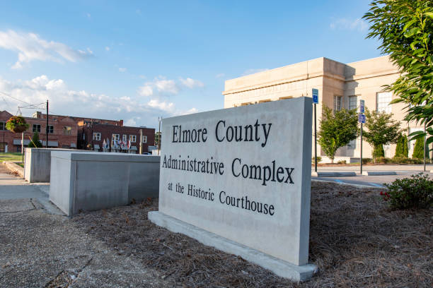 Elmore County Administrative Complex Wetumpka, Alabama/USA-July 13, 2020: Sign for the Elmore County Administrative Complex at the Historic Courthouse in downtown Wetumpka. elmore stock pictures, royalty-free photos & images