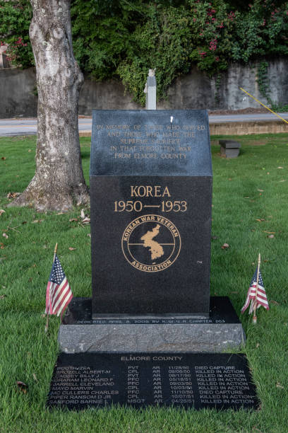 Elmore County Korean War Memorial Wetumpka, Alabama/USA-July 13, 2020: Elmore County Korean War memorial on the lawn of the Elmore County Courthouse. elmore stock pictures, royalty-free photos & images