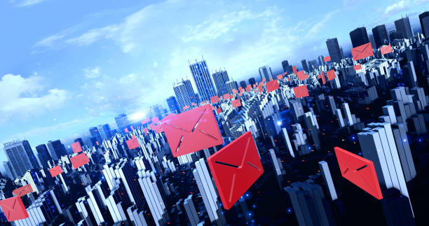 Email Symbols Flying Over The Futuristic Smart City Aerial Email Symbols Flying Over The Futuristic Smart City Aerial. Technology And Social Media Related 3D Illustration Render business direct mail stock pictures, royalty-free photos & images