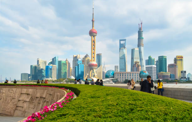 Embankment and beautiful Shanghai Pudong skyline, Shanghai, China. stock photo