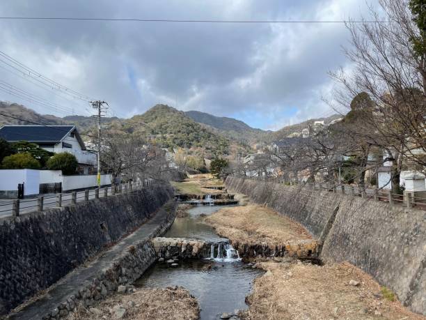Embankments and Rivers in Winter in Japan stock photo