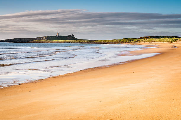 Embleton Sands The majestic ruins of Dunstanburgh Castle provide the dramatic backdrop to the beautiful Embleton Bay northumberland stock pictures, royalty-free photos & images