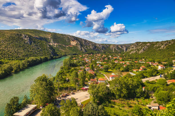 Emerald waters of Neretva River, view from the castle of Pocitelj stock photo