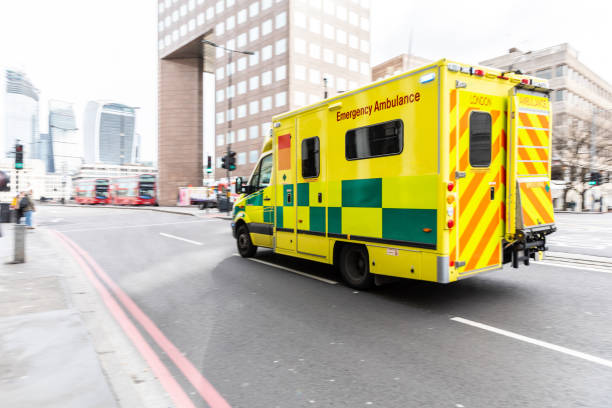 Emergency ambulance in London rushing to the hospital stock photo
