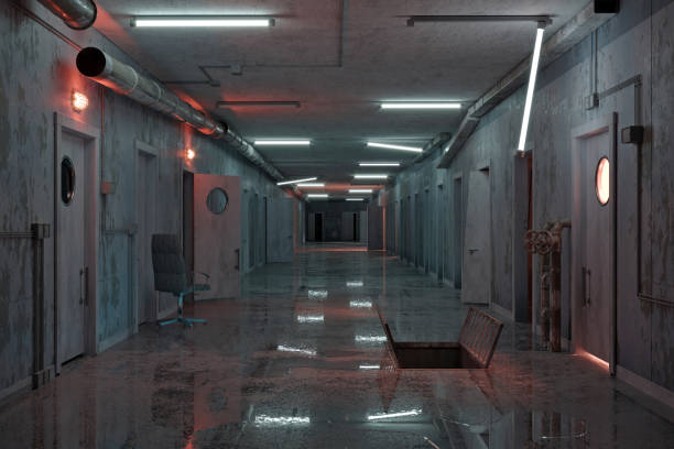 Emergency bunker corridor of the secret laboratory 3d illustration. Emergency corridor of the secret laboratory. Chernobyl zone. Shooting game interior bomb shelter stock pictures, royalty-free photos & images
