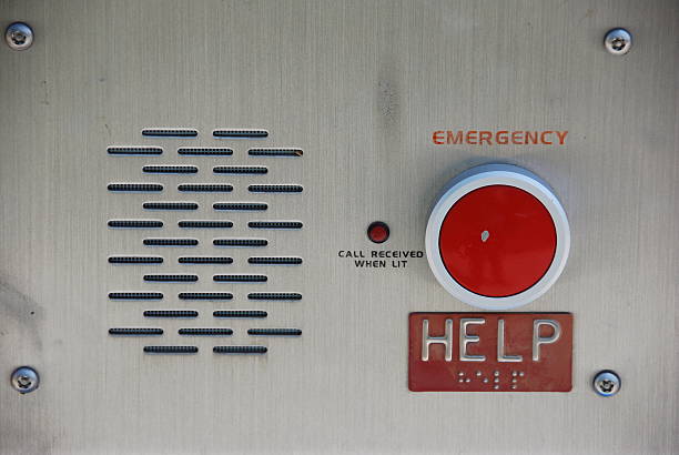 Emergency call box with red button stock photo