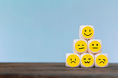 istock Emoticon icons face on Wooden Cube , Costumer service concept 1163339325