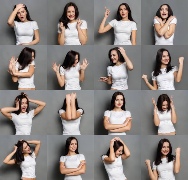 Emotions set of young woman at studio background Set of young girl emotions. Casual brunette woman grimacing and gesturing on camera at gray studio background. Happiness, fear, surprise, disgust. Positive and negative feelings gesturing stock pictures, royalty-free photos & images