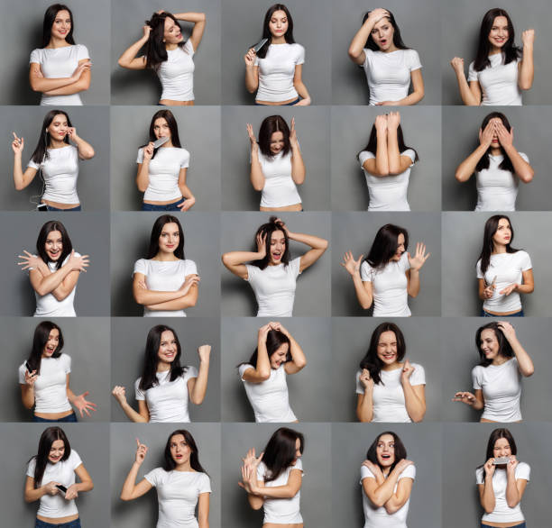 Emotions set of young woman at studio background Set of young girl emotions. Casual brunette woman grimacing and gesturing on camera at gray studio background. Happiness, fear, surprise, disgust. Positive and negative feelings disgust photos stock pictures, royalty-free photos & images