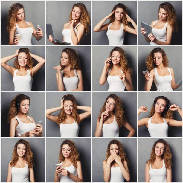 Emotions set of young woman at studio background Set of young girl emotions. Casual redhead woman grimacing and gesturing on camera at gray studio background. Happiness, fear, surprise. Positive and negative feelings mosaic photos stock pictures, royalty-free photos & images