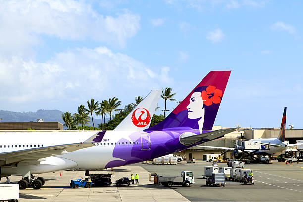 Empennages of airplane of Hawaiian Airlines and Japan Airlines stock photo