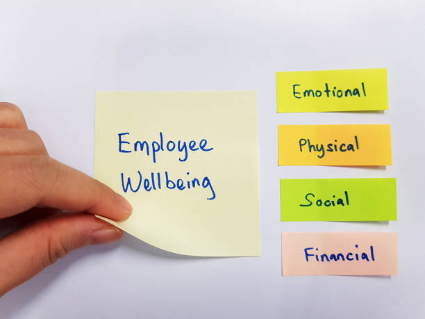Employee Wellness Awareness. A hand picking the a sticky note with the word "Employee Wellbeing" stock photo