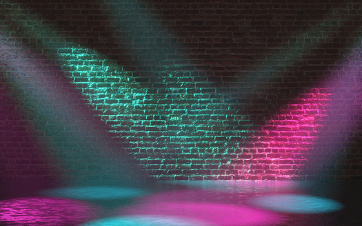 3D colorful empty brick background of blue and purple neon spotlights. Easy to crop for all your social media, print and design needs.