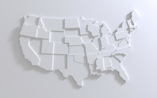 United States Of America map on white background. Tiered 3d render of empty USA territory. Country poster for travel materials, print, banner and web. Geographic area levels visualization.