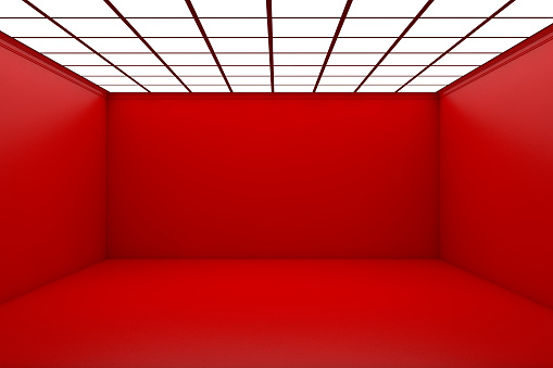 Empty 3d red room withceiling lights