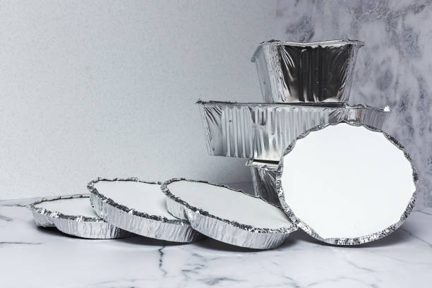 Empty aluminum take away food containers stock photo