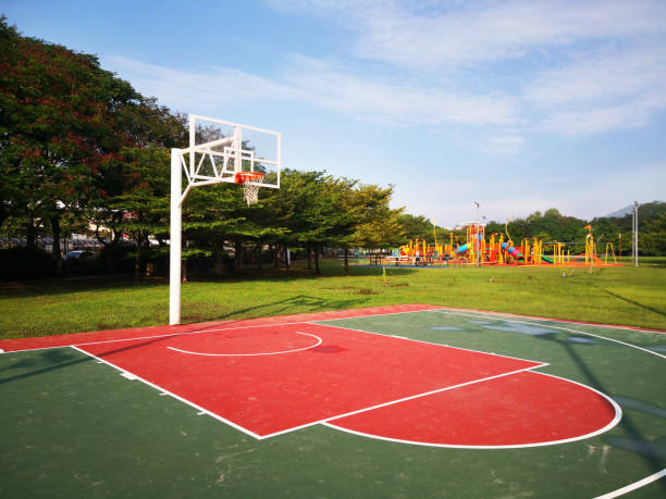Empty basketball Court after the rain Outdoor public basket ball court near residential area with playground in the background courtyard stock pictures, royalty-free photos & images