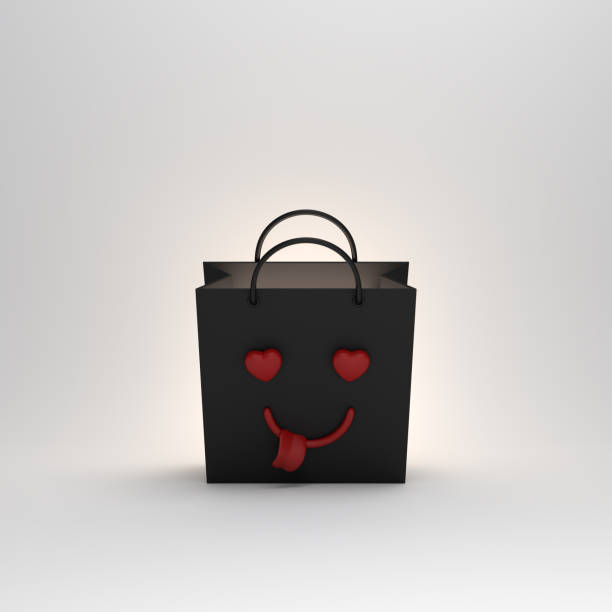 lege zwarte boodschappentas met met tong en glimlachend hou bubble vorm emoji in de studio verlichting. - happy friday emoticon stockfoto's en -beelden