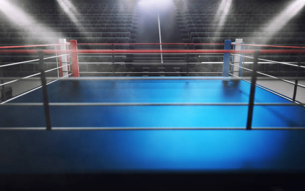 Empty boxing ring in arena, spot lights, smoke and dark night scene Empty boxing ring in arena, spot lights, smoke and dark night scene. Dramatic fighters background, extreme sport and exhibition. boxing ring stock pictures, royalty-free photos & images