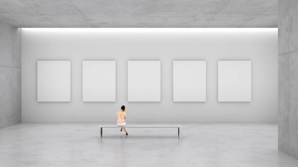 Empty canvases on display Five blank canvases on display in the gallery, copy space. The figure is a 3D model. visit photos stock pictures, royalty-free photos & images