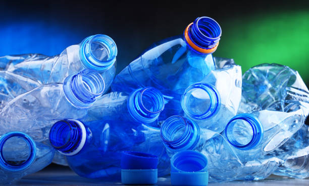 Empty carbonated drink bottles. Plastic waste stock photo