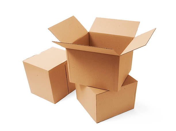 Empty cardboard boxes on white background stock photo