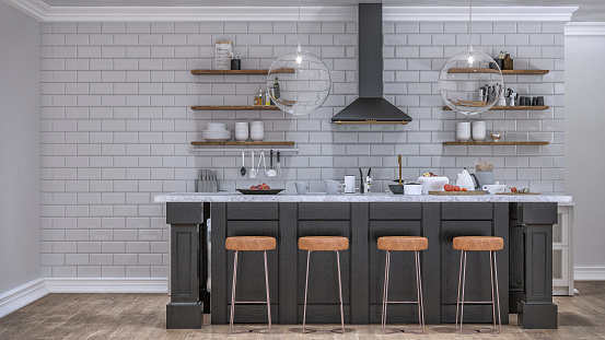 Empty classic kitchen on hardwood floor with a rectangular breakfast rustic kitchen island  and brown leather stools, pendant round glass lights in front of white metro tiled background and an empty space for a fridge in the corner.. Kitchen hood, utensils, spices and stoves on wall hardwood shelves and in open white kitchen cabinets. 3D rendered image.